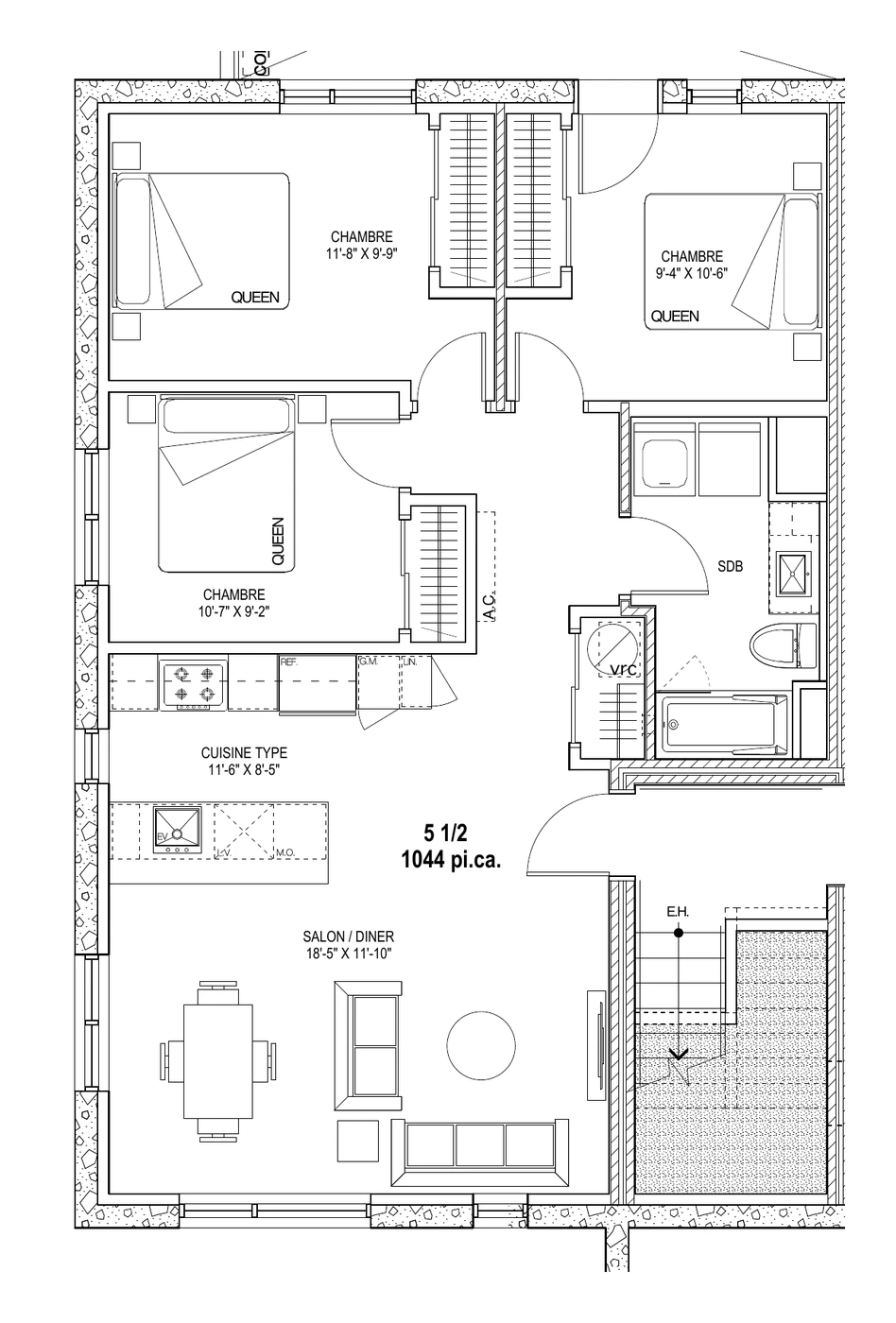 5 ½ — 3 chambres — 1 044 pi. ca.