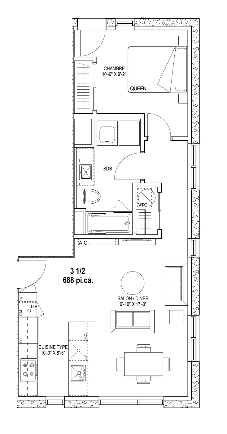 3 ½ — 1 chambre — 688 pi. ca.